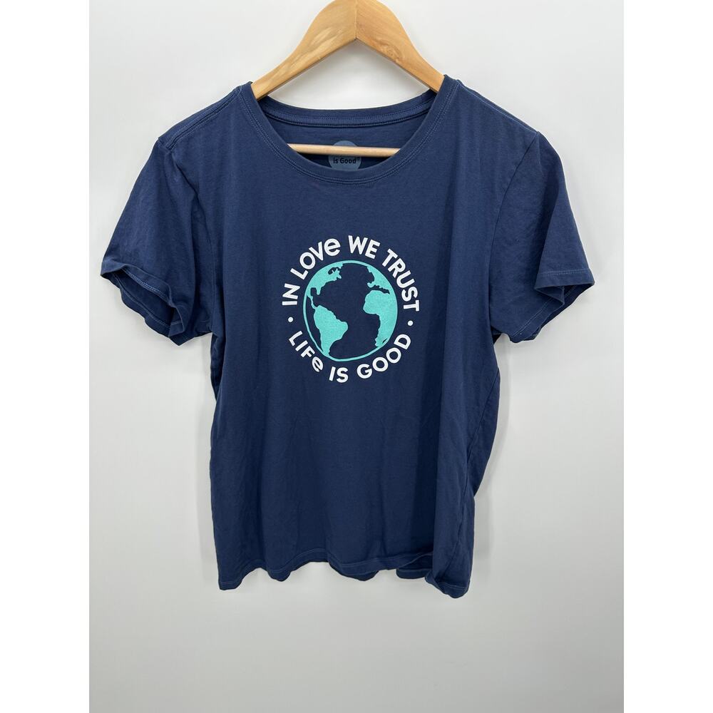 Life is Good Womens Blue Earth Crusher Tee Sz L Classic Fit World Global T-Shirt